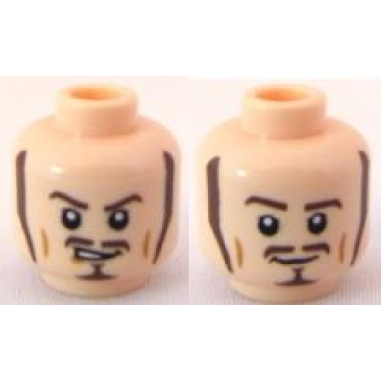 Minifigure, Head Dual Sided PotC Will Long Brown Sideburns, Moustache and Goatee, Sneer / Smile Pattern - Blocked Open Stud