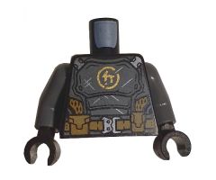 Torso Dark Bluish Gray Breastplate, Gold Ninjago Logogram 'C', Dark Tan Utility Belt Mesh Pattern / Dark Bluish Gray Arms / Black Hands
