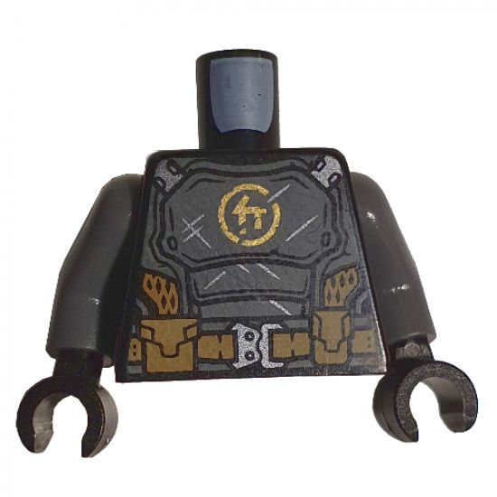 Torso Dark Bluish Gray Breastplate, Gold Ninjago Logogram 'C', Dark Tan Utility Belt Mesh Pattern / Dark Bluish Gray Arms / Black Hands