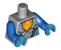 Torso Nexo Knights Armor with Orange Emblem with Yellow Crowned Lion, Silver Panels Pattern / Blue Arms / Dark Azure Hands