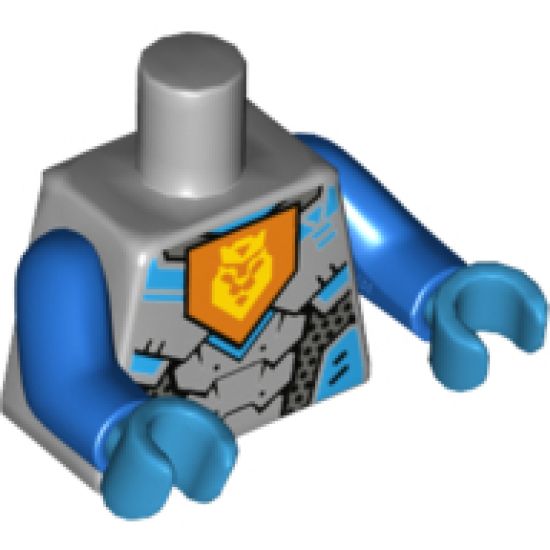 Torso Nexo Knights Armor with Orange Emblem with Yellow Crowned Lion, Silver Panels Pattern / Blue Arms / Dark Azure Hands