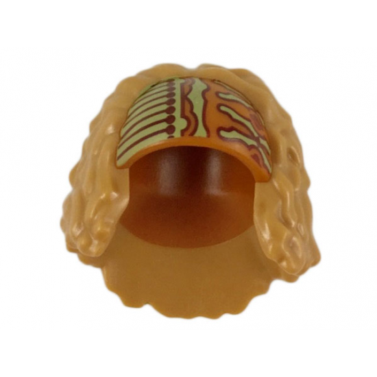Minifigure, Hair Female, Bushy and Mid-Length, Dark Orange Headband with Olive Green Design Pattern