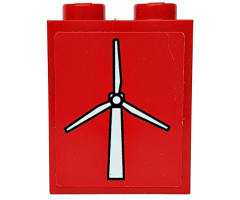 Brick 1 x 2 x 2 with Inside Axle Holder with White Wind Turbine Pattern on Red Background (Sticker) - Set 7747