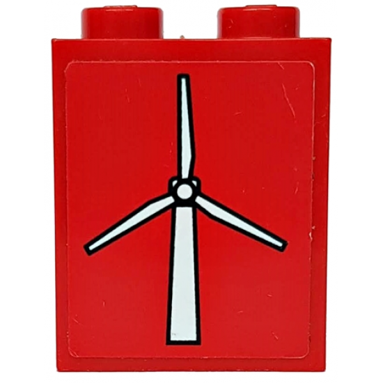 Brick 1 x 2 x 2 with Inside Axle Holder with White Wind Turbine Pattern on Red Background (Sticker) - Set 7747