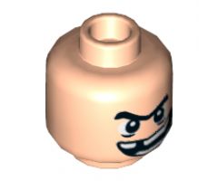 Minifigure, Head Black Unibrow, Wide Lopsided Grin Showing Teeth, Missing a Tooth Pattern - Hollow Stud