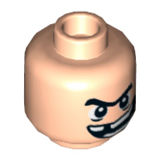Minifigure, Head Black Unibrow, Wide Lopsided Grin Showing Teeth, Missing a Tooth Pattern - Hollow Stud