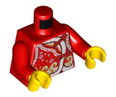 Torso Qipao with White Hems, Bright Pink Flowers and Gold Waves Pattern / Red Arms / Yellow Hands