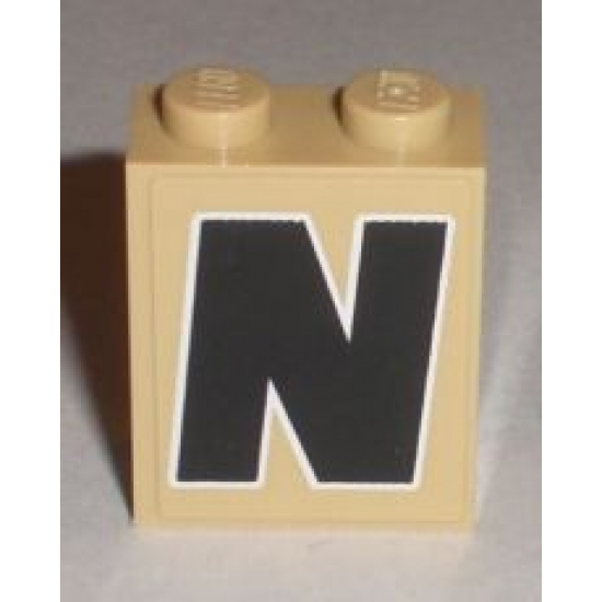 Brick 1 x 2 x 2 with Inside Stud Holder with Black 'N' with White Outline Pattern (Sticker) - Set 8211