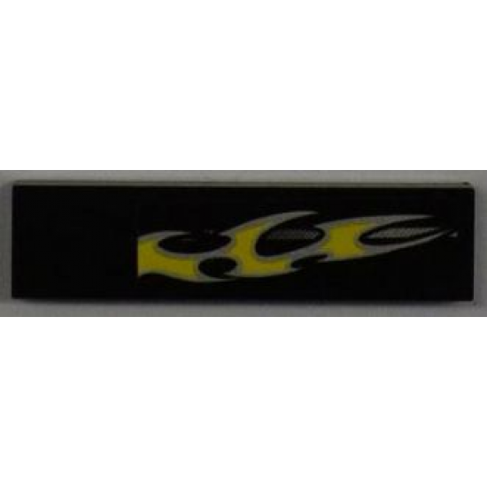 Tile 1 x 4 with Silver Stripe and Yellow Flame on Black Background Pattern Model Right Side (Sticker) - Set 8186