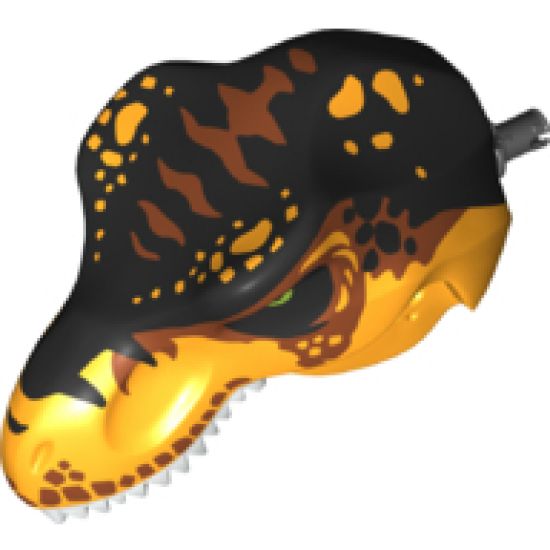 Animal, Body Part Dinosaur Head Tyrannosaurus rex with Pin, White Teeth, Black and Dark Orange Top and Black and Bright Light Orange Spots Pattern