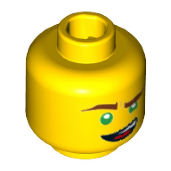 Minifigure, Head Reddish Brown Eyebrows, Green Eyes, Lopsided Open Mouth Grin Pattern (Lloyd) - Hollow Stud