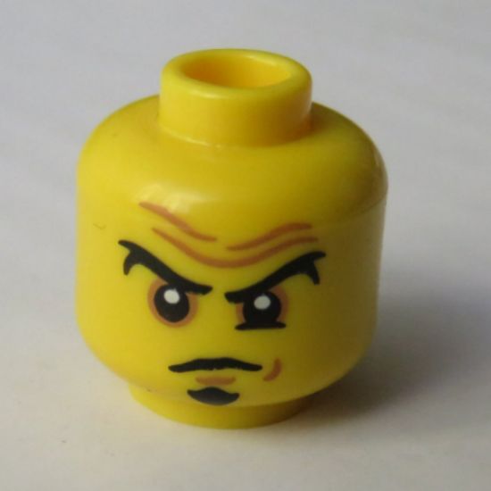 Minifigure, Head Black Eyebrows and Goatee, Brown Forehead Wrinkles, Worried Look Pattern - Hollow Stud