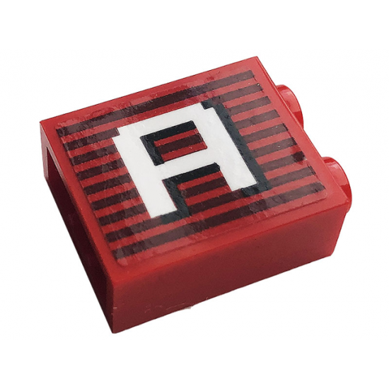 Brick 1 x 2 x 2 with Inside Stud Holder with Gray Stripes and White Letter 'A' Pattern (Sticker) - 10272