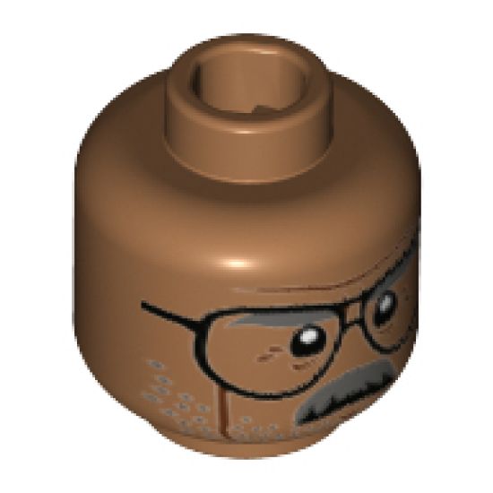 Minifigure, Head Glasses with Dark Gray Eyebrows and Moustache, Dark Brown Cheek Lines Pattern - Hollow Stud