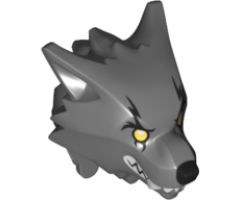 Minifigure, Head, Modified Wolf with Smooth Hair, Black Nose and Eyebrows, Bright Light Yellow Eyes, White Teeth and Fangs Pattern