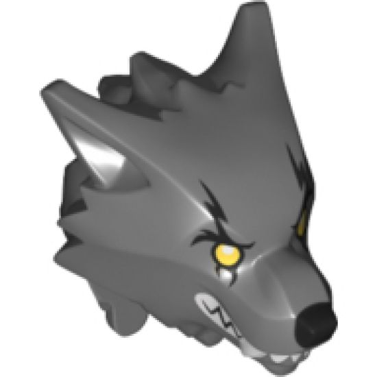 Minifigure, Head, Modified Wolf with Smooth Hair, Black Nose and Eyebrows, Bright Light Yellow Eyes, White Teeth and Fangs Pattern