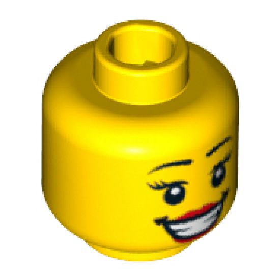 Minifigure, Head Female with Brown Eyebrows, Red Lips, Open Mouth Smile with Teeth, Thin Eyelashes and White Pupils Pattern - Blocked Open Stud