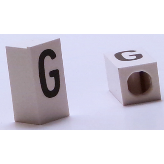 Tile, Modified 1 x 2 x 5/6 with Stud Hole in End and Black 'G' Upper Case Pattern