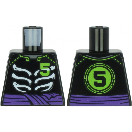 Torso Ninjago Skeleton Ribs White, Purple Waist Sash and Lime Number 5 on Front and Back Pattern