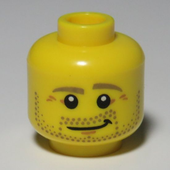 Minifigure, Head Beard Stubble, Dark Tan Eyebrows, Crow's Feet, Lopsided Smile Pattern - Hollow Stud