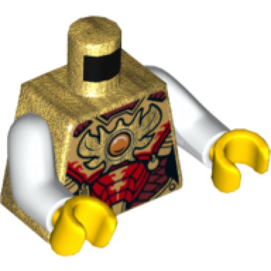 Torso Female Outline with Red and Gold Armor with Pendants, Scales, Belt and Orange Round Jewel (Fire Chi) Emblem Pattern / White Arms / Yellow Hands