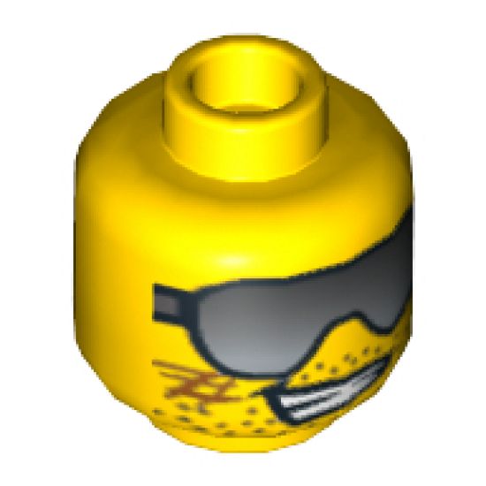 Minifigure, Head Dual Sided Black Sunglasses, Stubble, Scratches, Grin / Black Eyebrows, White Pupils, Determined Pattern (Frank Rock) - Blocked Open Stud