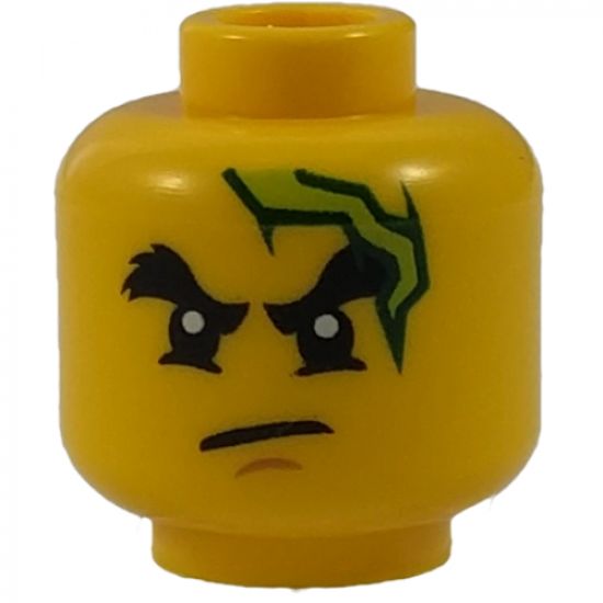 Minifigure, Head Dual Sided Black Bushy Eyebrows, Chin Dimple, Lightning Bolt, Scowl / Open Mouth with Teeth Pattern - Hollow Stud