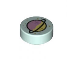 Tile, Round 1 x 1 with Lavender and Yellowish Green Planet with Ring and Gold and Metallic Pink Spots Pattern