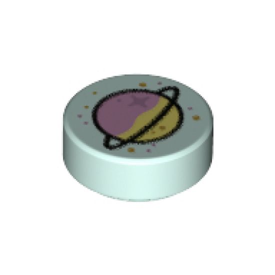 Tile, Round 1 x 1 with Lavender and Yellowish Green Planet with Ring and Gold and Metallic Pink Spots Pattern