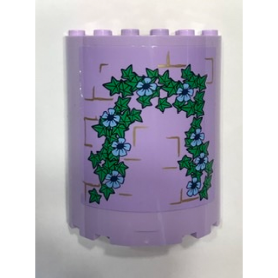 Cylinder Half 3 x 6 x 6 with 1 x 2 Cutout with Pearl Gold Brick Wall, Bright Light Blue Flowers and Green Leaves Pattern (Sticker) - Set 41154