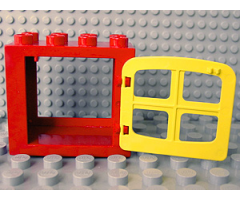 Duplo, Building Door / Window Frame 2 x 4 x 3 Flat Front Surface with Yellow Duplo Door / Window with 4 Panes (4253 / 4809)