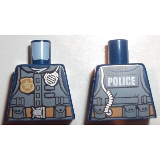 Torso Police Shirt with Dark Bluish Gray Vest, Gold Badge and Belt, Radio and White 'POLICE' Pattern on Back