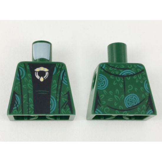 Torso Female Robe with Green and Bright Light Blue Design, Black Shirt with Silver and Gold Broach Pattern