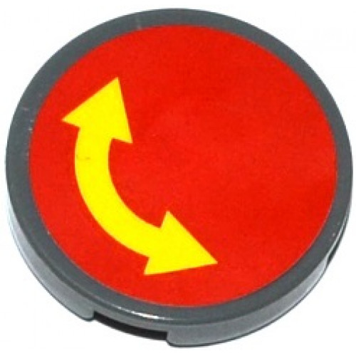 Tile, Round 2 x 2 with Bottom Stud Holder with Yellow Curved Arrow Double on Red Background Pattern (Sticker) - Sets 60076 / 60166