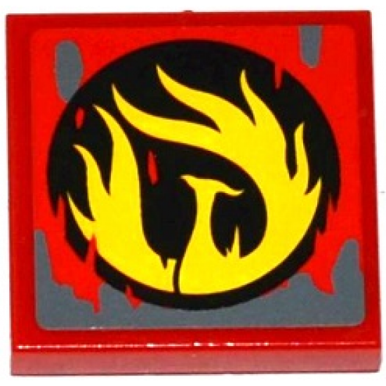 Tile 2 x 2 with Yellow Phoenix Flames in Black Circle and Dark Bluish Gray Splatters Pattern (Sticker) - Set 70750