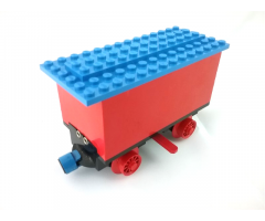 Train Battery Box Car with Two Contact Holes, Red Switch Lever, Blue and Red Magnets, Red Wheels, and Blue Roof