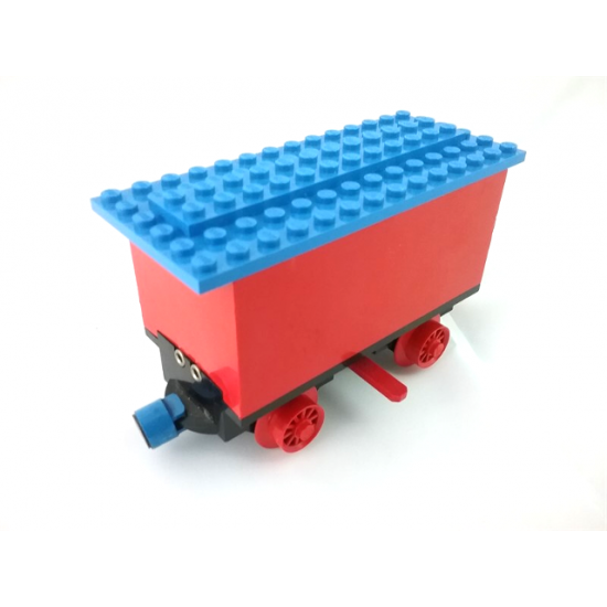 Train Battery Box Car with Two Contact Holes, Red Switch Lever, Blue and Red Magnets, Red Wheels, and Blue Roof