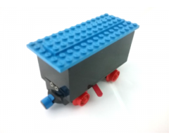Train Battery Box Car with Two Contact Holes, Red Switch Lever, Blue and Red Magnets, Red Wheels, and Blue Roof