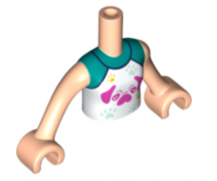 Mini Doll, Torso Friends Girl White Raglan Top with Dark Pink Dog and Light Aqua and Bright Light Orange Paw Prints Pattern, Light Nougat Arms with Hands
