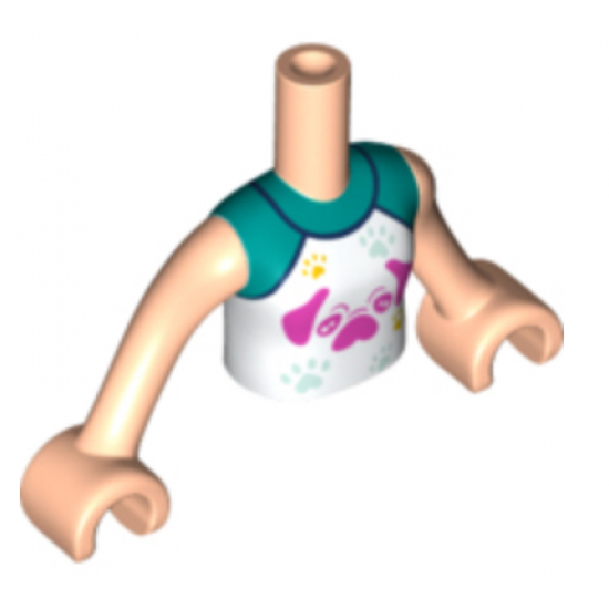 Mini Doll, Torso Friends Girl White Raglan Top with Dark Pink Dog and Light Aqua and Bright Light Orange Paw Prints Pattern, Light Nougat Arms with Hands