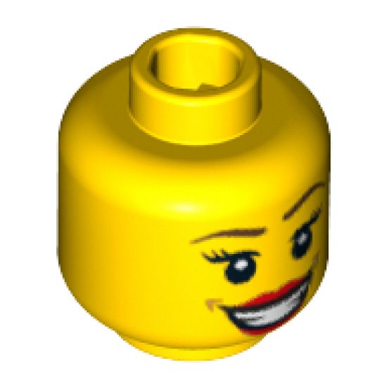 Minifigure, Head Female with Large Red Lips, Open Mouth Smile with Teeth, Brown Eyebrows, Thin Eyelashes and White Pupils Pattern - Blocked Open Stud