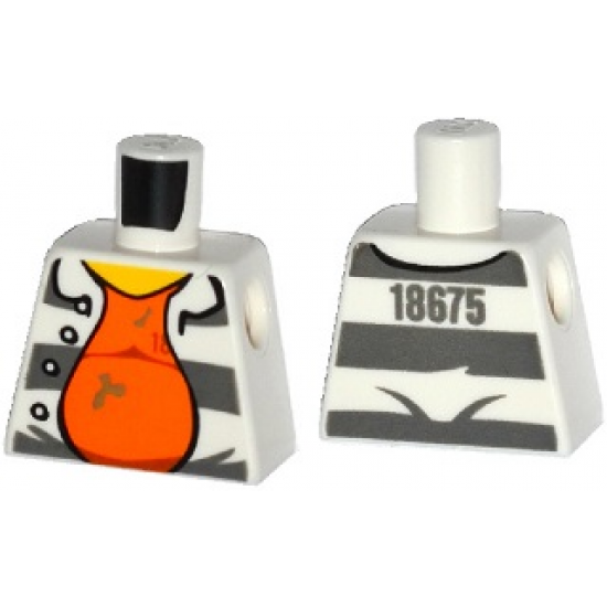 Torso Town Prisoner Number 18675, Dark Bluish Gray Stripes, Orange Shirt Pattern