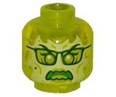 Minifigure, Head Alien Ghost with Yellowish Green Face, Glasses, Angry and Flames in Back Pattern - Hollow Stud