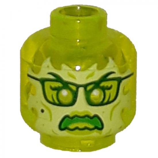 Minifigure, Head Alien Ghost with Yellowish Green Face, Glasses, Angry and Flames in Back Pattern - Hollow Stud
