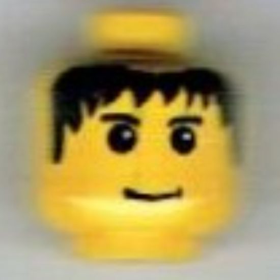 Minifigure, Head Male Messy Black Hair, Slight Smile, Eyebrows Pattern - Blocked Open Stud