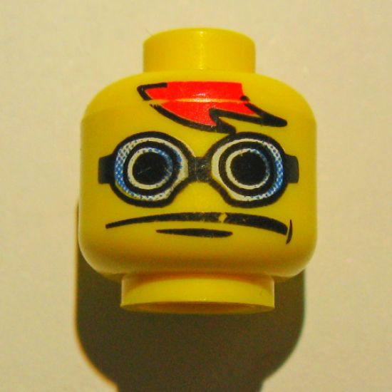 Minifigure, Head Glasses with Blue Goggles, Red Bangs Pattern - Blocked Open Stud