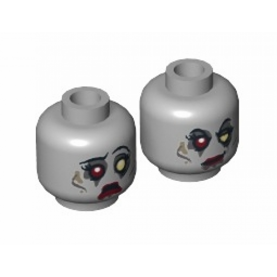 Minifigure, Head Dual Sided Alien with White and Red Eye, Eyelashes and Red Lips, Sad / Determined Pattern (Zombie Bride) - Blocked Open Stud