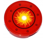 Tile, Round 2 x 2 with Bottom Stud Holder with Yellow Fire Ball in Black Circle and Rivets Pattern (Sticker) - Set 70144