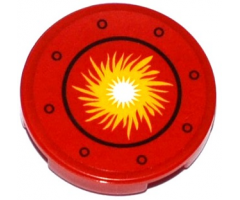 Tile, Round 2 x 2 with Bottom Stud Holder with Yellow Fire Ball in Black Circle and Rivets Pattern (Sticker) - Set 70144