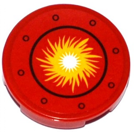 Tile, Round 2 x 2 with Bottom Stud Holder with Yellow Fire Ball in Black Circle and Rivets Pattern (Sticker) - Set 70144